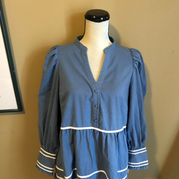 Pomander Place Tuckernuck blue white tiered linen blend dress - Picture 4 of 6